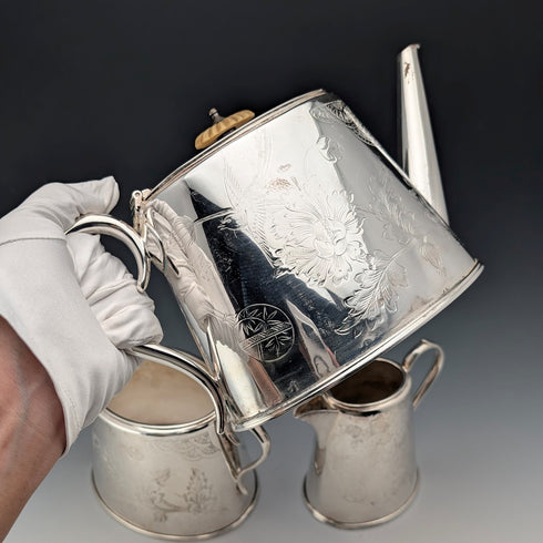 Antique British silver plate tea set, 3 piece set, GRAINGER & CAMPBELL